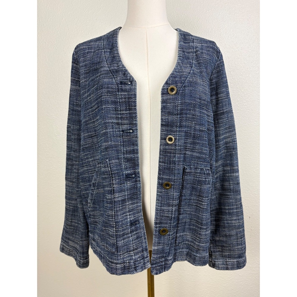 Pure Jill Indigo Blue Textured Button Front Jacket Womens XS Cotton Blend V-Neck - Picture 3 of 8